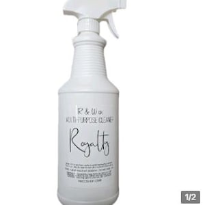 May include: A white plastic spray bottle with a black label that reads "R & W Multi-Purpose Cleaner Royalty".