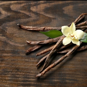 May include: A bunch of dried vanilla beans with a single white vanilla flower on top, arranged on a dark brown wooden surface.