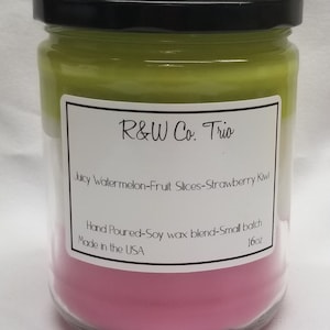 R&W Trio! 16oz  Juicy Watermelon-Fruit Slices-Strawberry Kiwi. Highly Scented Candles. Small Batch.