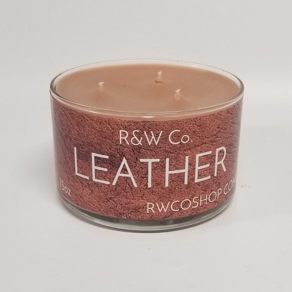 Leather Triple Wick Candle. 15oz, Highly Scented and Hand Poured. Small Batch. Made in the USA.