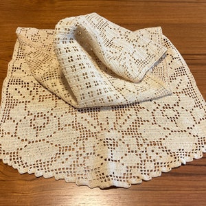 May include: A white crocheted doily with a delicate floral pattern. The doily is folded in half and has a scalloped edge.