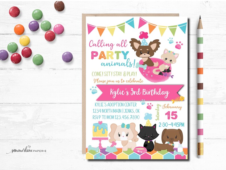 Dog and Cat Birthday Invitations Pet Adoption Party Invitation Etsy