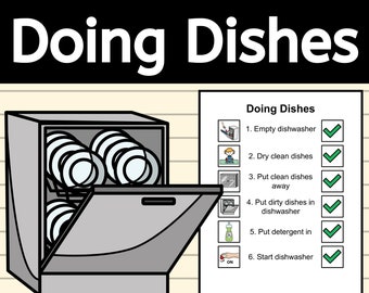 Doing Dishes Task Analysis EDITABLE Visuals Poster for Using A Dishwasher and Data Sheet for Chores