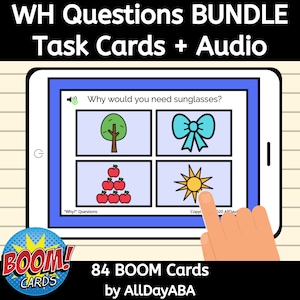 Ensemble de cartes Boom de WH Questions - Qui Quoi Quand Où Pourquoi - Autism Resources, ABA, Orthophonie WH- Questions