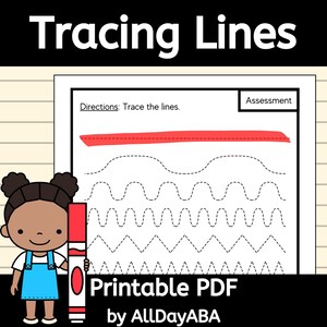 Puede incluir: Una hoja de trabajo imprimible con el título "Tracing Lines" e instrucciones para trazar las líneas. La hoja de trabajo presenta una ilustración en blanco y negro de una niña que sostiene un marcador rojo. La hoja de trabajo incluye una variedad de líneas punteadas para trazar, incluyendo líneas rectas, onduladas y en zigzag.