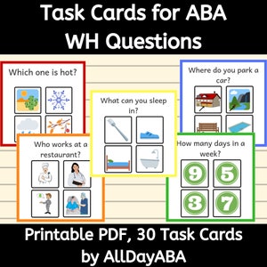 WH Questions Task Cards for Receptive Identification Autism Activities in ABA, Speech Therapy, Special Education with Pictures