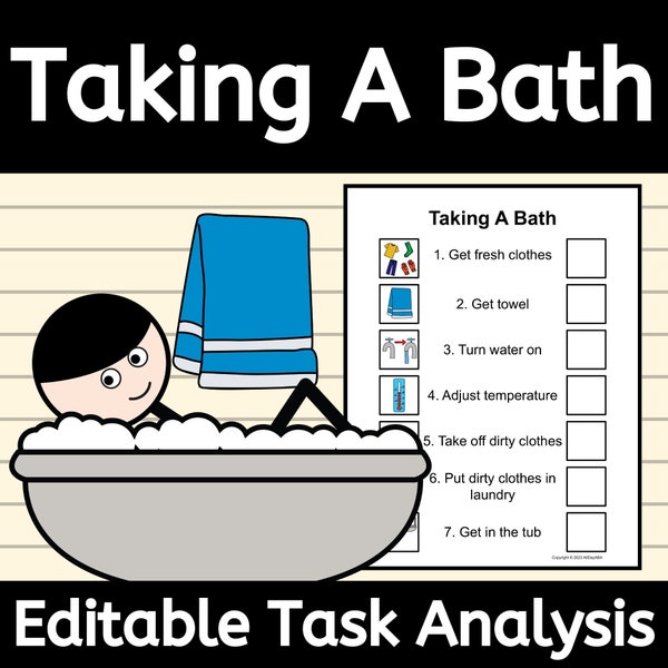 Taking A Bath EDITABLE Task Analysis Bathing Visuals and Data Sheet for ABA and Autism