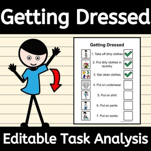 Getting Dressed Task Analysis EDITABLE Visual Steps Poster and Data Sheet for ABA Therapy