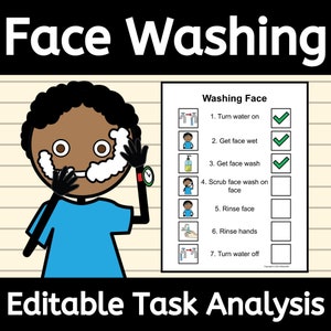 May include: A black and white illustration of a person washing their face. A checklist with seven steps for washing your face is on the right side of the image. The steps include: Turn water on, Get face wet, Get face wash, Scrub face wash on face, Rinse face, Rinse hands, Turn water off. The checklist has checkmarks next to the first three steps and empty boxes next to the last four steps. The title of the checklist is "Washing Face". The title below the image is "Editable Task Analysis".