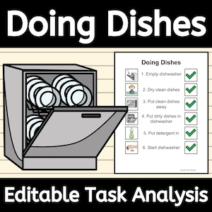 May include: A black and white illustration of a dishwasher with a checklist of steps for doing dishes. The steps include: Empty dishwasher, Dry clean dishes, Put clean dishes away, Put dirty dishes in dishwasher, Put detergent in, and Start dishwasher.