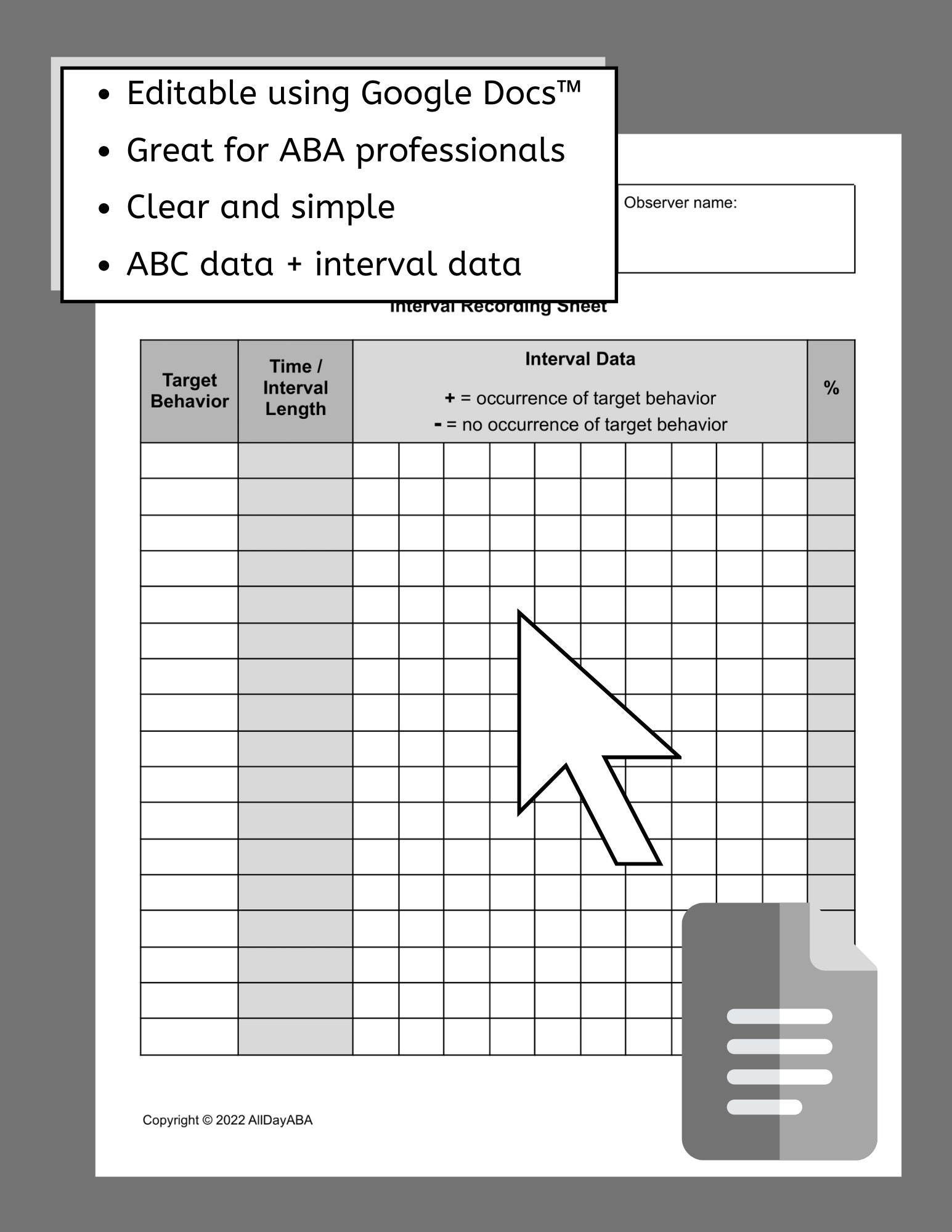 Editable Behavior Data Tracking Sheet ABC Data Form and Interval