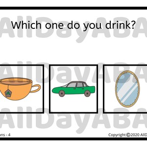 May include: A multiple choice question asks "Which one do you drink?" with three images: a cup of tea, a green car, and a mirror.