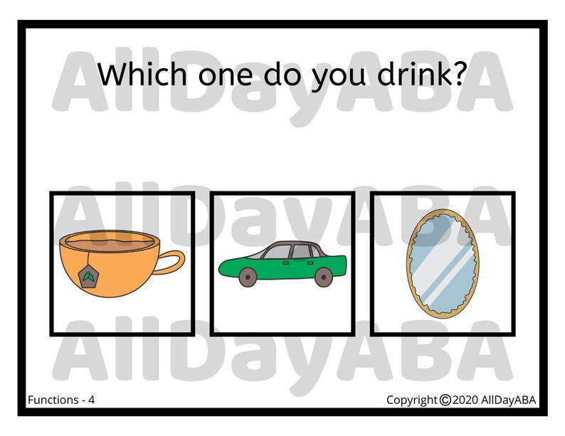 May include: A multiple choice question asks "Which one do you drink?" with three images: a cup of tea, a green car, and a mirror.