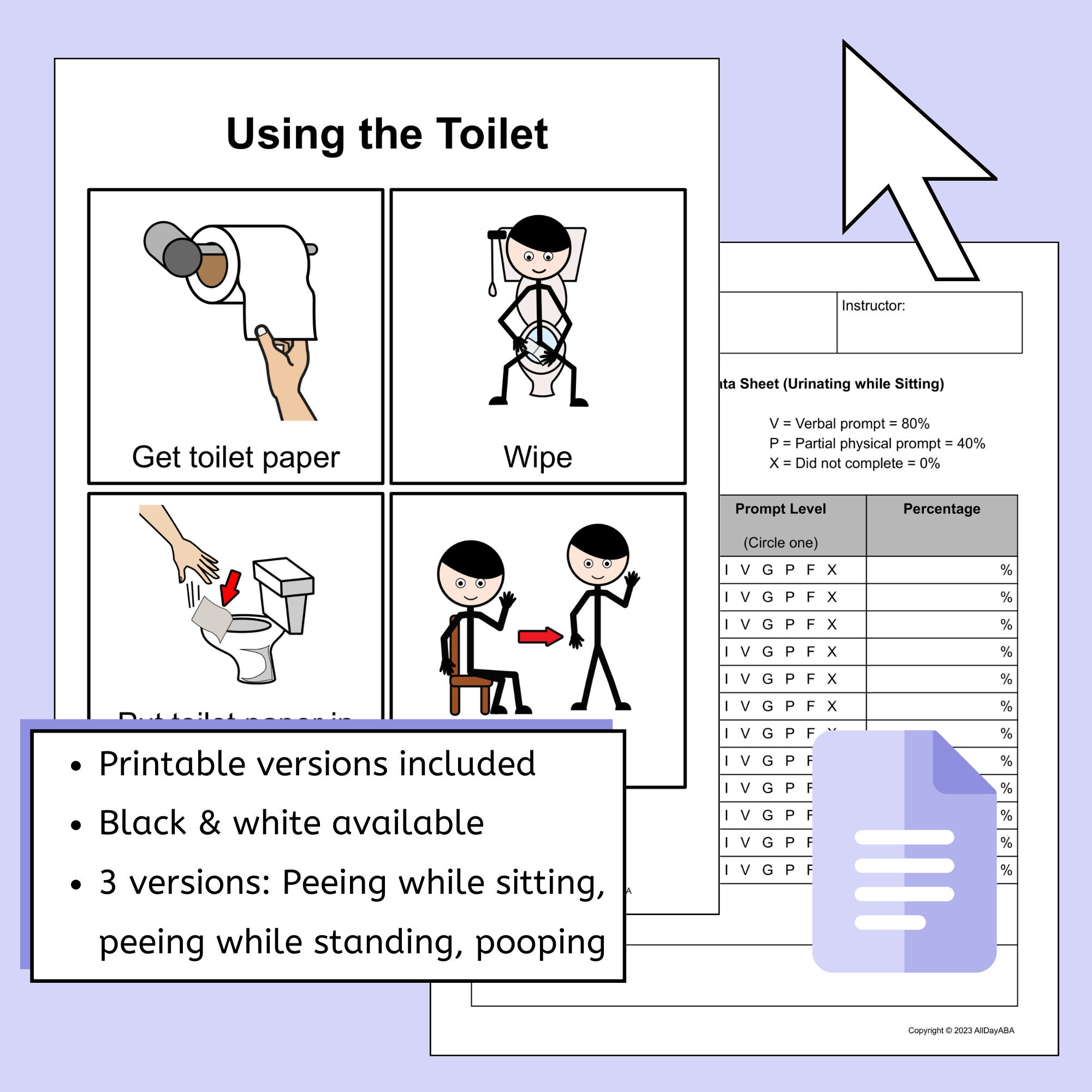 Potty Training Task Analysis Toilet Visuals and Data Sheet EDITABLE for