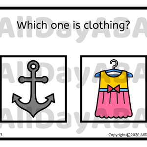 May include: A black and white image with two options. The first option is a gray anchor. The second option is a pink dress with a yellow bodice and a blue sash with a red bow. The text "Which one is clothing?" is at the top of the image.