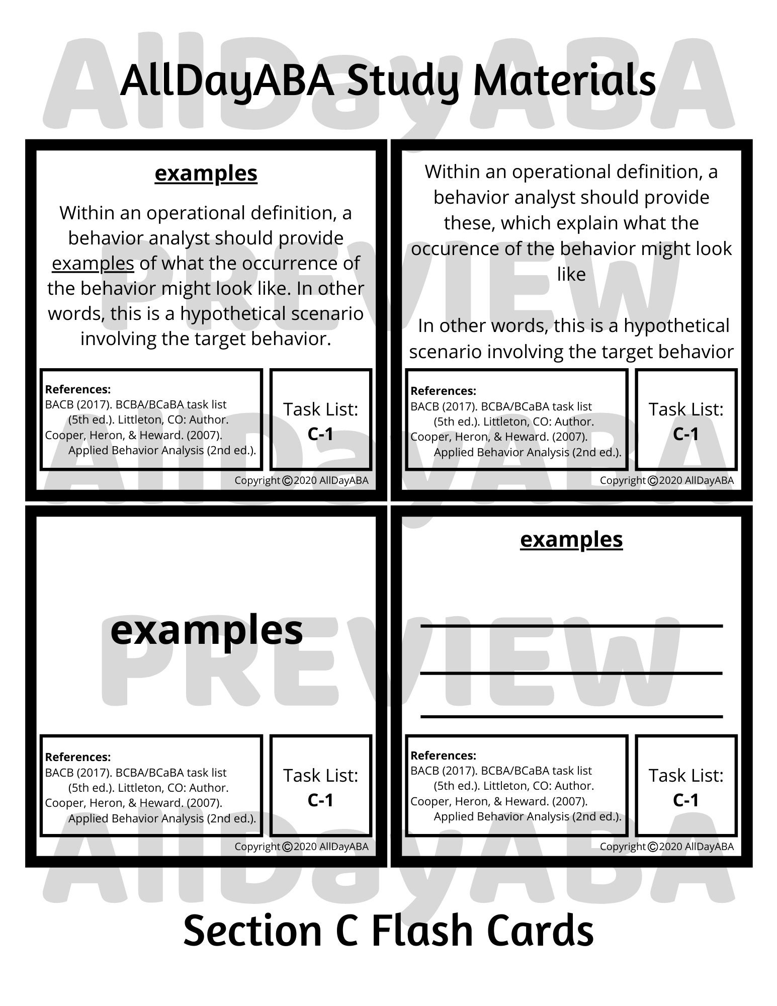 Section C Flash Cards 5th Edition Task List ABA Study Materials BCBA ...