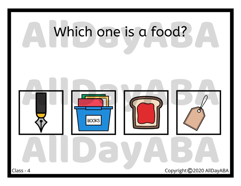 May include: A multiple choice question asks "Which one is a food?" with four images. The images are a fountain pen, a blue bin with books inside, a slice of bread with red jelly, and a brown tag with a string.
