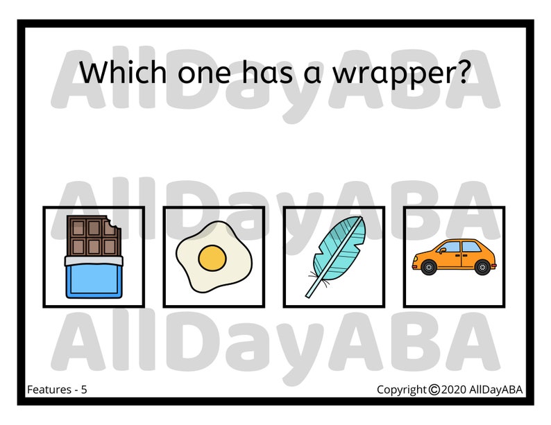 May include: A multiple choice question asks "Which one has a wrapper?" with four images. The first image is a chocolate bar with a blue wrapper. The second image is a fried egg. The third image is a blue feather. The fourth image is an orange car.