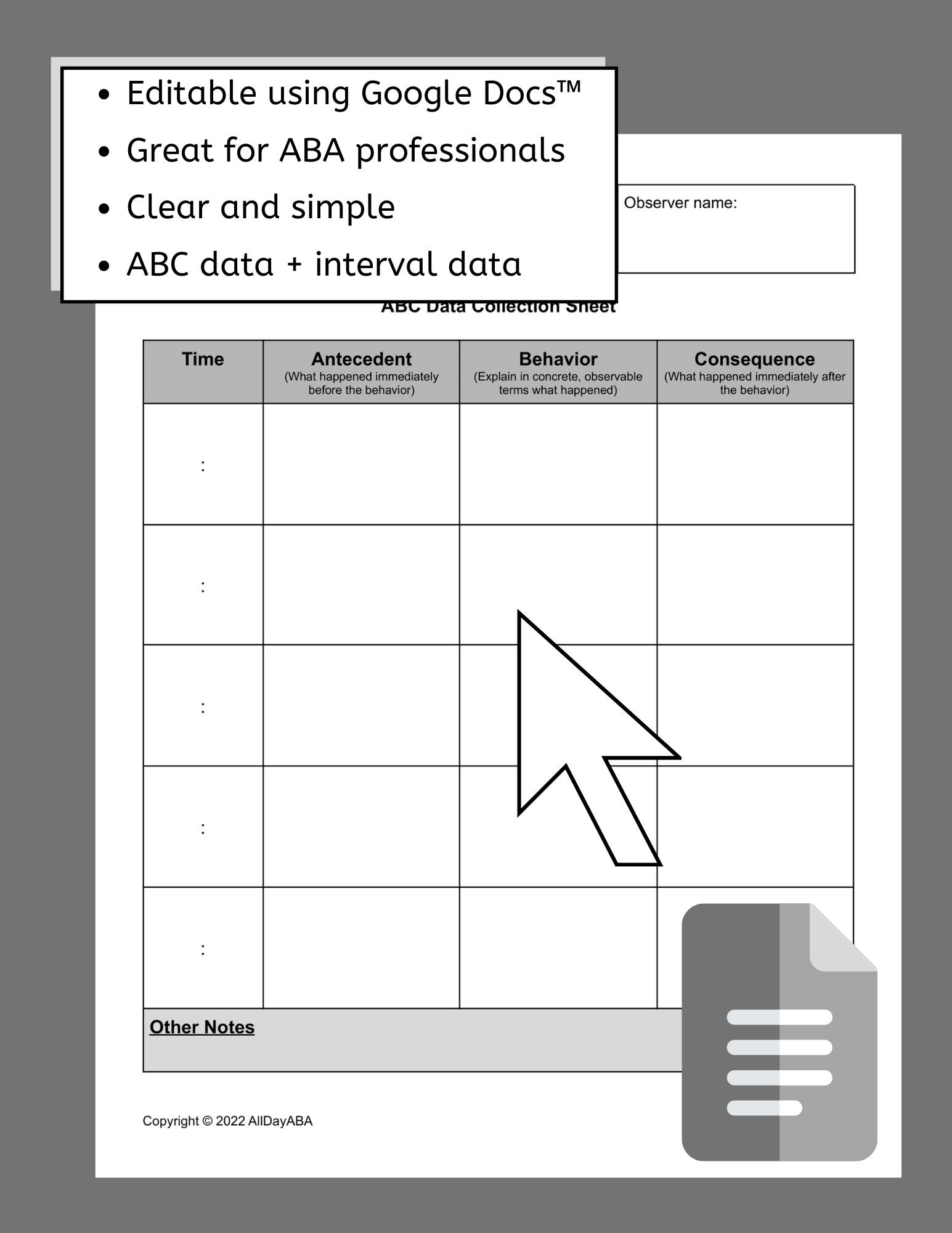 Editable behavior data tracking sheet abc data form and interval