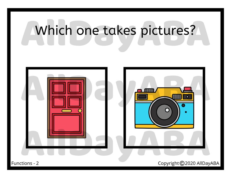 May include: A red door with a gold handle and a yellow camera with a blue lens. The text "Which one takes pictures?" is at the top of the image.