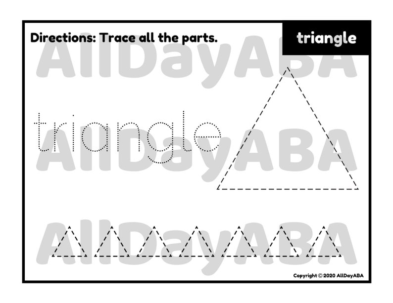 Pu&ograve; includere: Un foglio di lavoro in bianco e nero con la parola "triangolo" scritta in alto. Il foglio di lavoro ha linee tratteggiate che formano triangoli che devono essere tracciati. Il testo "Directions: Trace all the parts." &egrave; in alto sul foglio di lavoro.