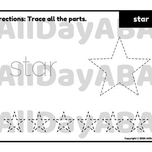 Pu&ograve; includere: Un foglio di lavoro in bianco e nero con la parola "star" scritta in alto. La parola "star" &egrave; scritta in linee tratteggiate sotto il titolo. Ci sono tre stelle disegnate in linee tratteggiate nella parte inferiore della pagina. Il testo "Directions: Trace all the parts." &egrave; nella parte superiore della pagina.