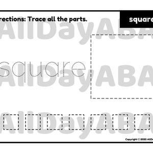 Pu&ograve; includere: Un foglio di lavoro in bianco e nero con la parola "square" scritta in linea tratteggiata. La parola "square" &egrave; anche scritta in un carattere pi&ugrave; grande nella parte superiore della pagina. Le istruzioni sono di tracciare tutte le parti.