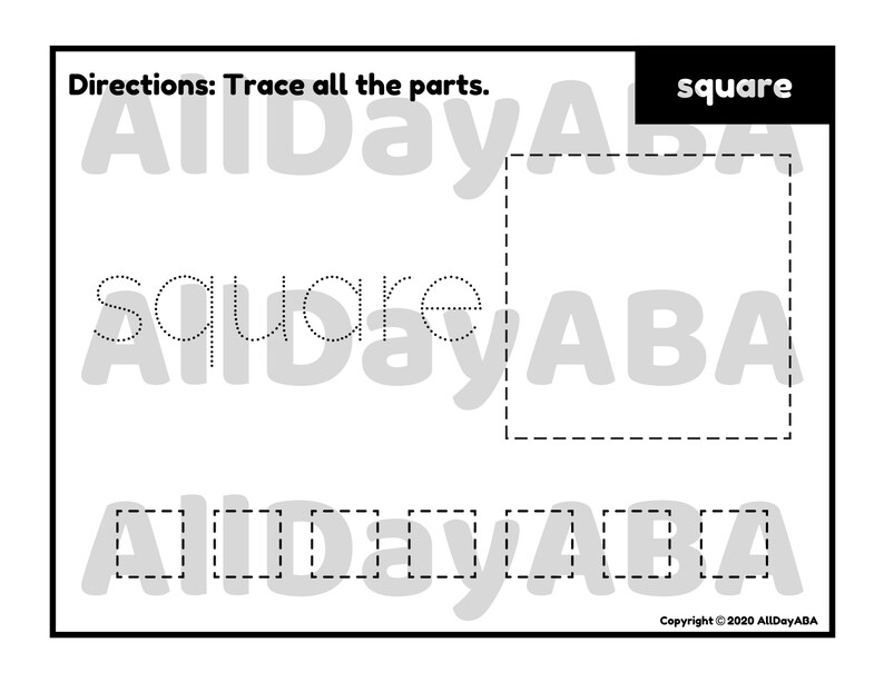 Pu&ograve; includere: Un foglio di lavoro in bianco e nero con la parola "square" scritta in linea tratteggiata. La parola "square" &egrave; anche scritta in un carattere pi&ugrave; grande nella parte superiore della pagina. Le istruzioni sono di tracciare tutte le parti.