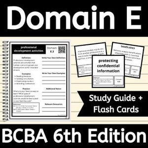May include: A study guide and flash cards for the BCBA 6th Edition exam. The guide covers Domain E: Protecting Confidential Information. The cards are black and white with text and a QR code.
