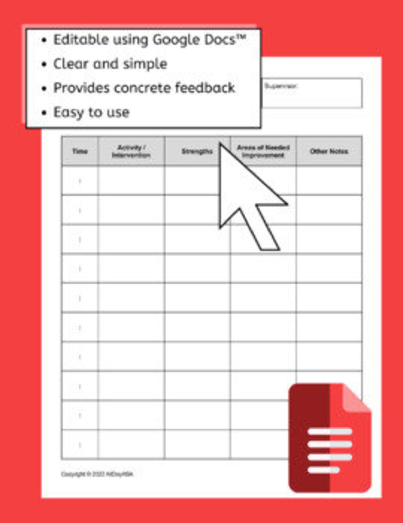 Editable Supervision Feedback Form Google Doc™ for ABA and BCBA