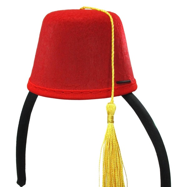 Womens Girls Pet Dog Cat Adult Child Mini Red Fez Hat On A Headband Gold Tassel Shriner Turkish Moroccan Costume Accessory Fascinator