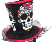 Womens Girls Mini Top Hat Headband Sugar Skulls Day Of the Dead Headpiece Costume Accessory