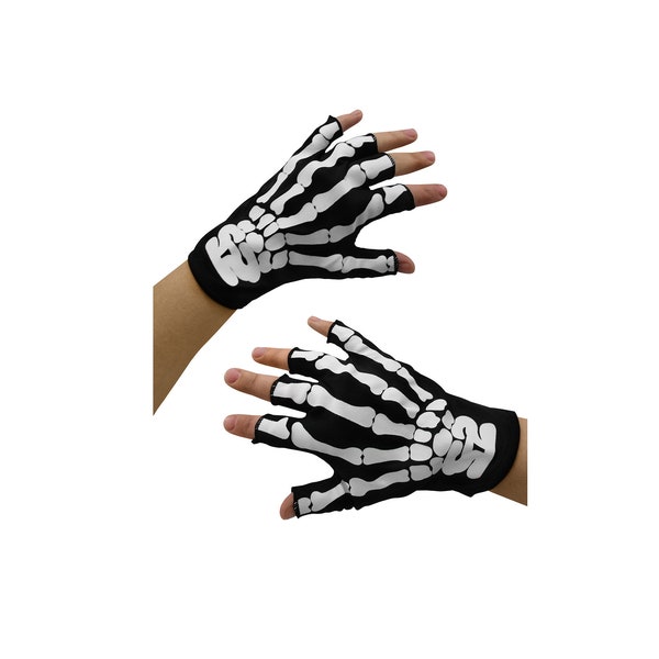 Black Fingerless Gloves With Skeleton Hand Bones Spooky Halloween Costume Accessory One Size For Adults And Children
