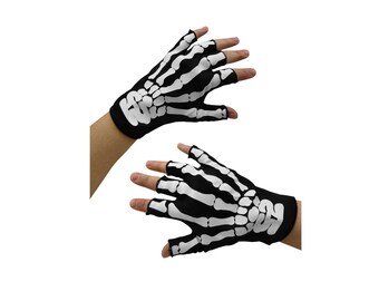 Black Fingerless Gloves With Skeleton Hand Bones Spooky Halloween Costume Accessory One Size For Adults And Children