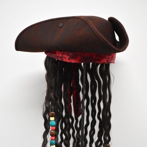 Unisex Adult Brown Jack Caribbean Sparrow Tricorn Pirate Hat Buccaneer Beads Dreadlock Hair Cosplay Halloween Costume Accessory Cap