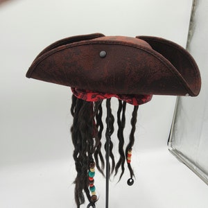 Unisex Child Boys Girls Brown Caribbean Tricorn Pirate Hat Buccaneer Beads Dreadlock Hair Cosplay Halloween Costume Accessory Cap
