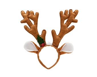 Adult Child Brown Large Soft Reindeer Antlers w/ Ears Headpiece Holly Berries Christmas Holiday Animal Horns Headband Costume Accessory