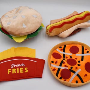 Unisex Adult Teen 4 Piece Oversized Food Vendor Hats Hamburger Footlong Hotdog French Fries Whole Pizza Halloween Costume Accessory Set