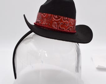 Adult Kid Unisex Mini Black Cowboy Cowgirl Hat On a Headband With Red Paisley Bandana Trim Halloween Cosplay Pretend Costume Accessory