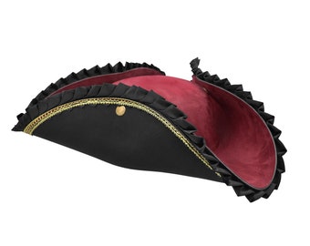 Deluxe Black and Maroon Tricorn Tricorner Pirate Hat Buccaneers Cap Gold Trim Gender Fluid Unisex Cosplay Halloween Costume Accessory