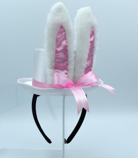 Women's Girl's White Bunny Top Hat With Ears Headband Pink
