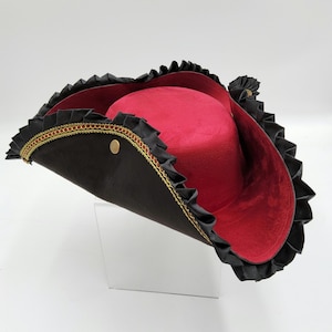 Deluxe Black and Maroon Tricorn Tricorner Pirate Hat Buccaneers Cap Gold Trim Gender Fluid Unisex Cosplay Halloween Costume Accessory