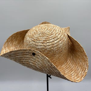 May include: A wide-brimmed straw hat with a floppy, rounded crown. The hat is made of woven straw and has a light brown color.