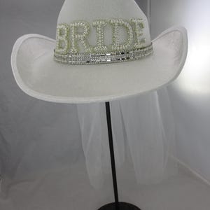 White Black Bride To Be BLING Bachelorette Party Metallic Space Bride Cowgirl Cowboy Hat With Veil Satin Train Pearl Accents Silver Mirror