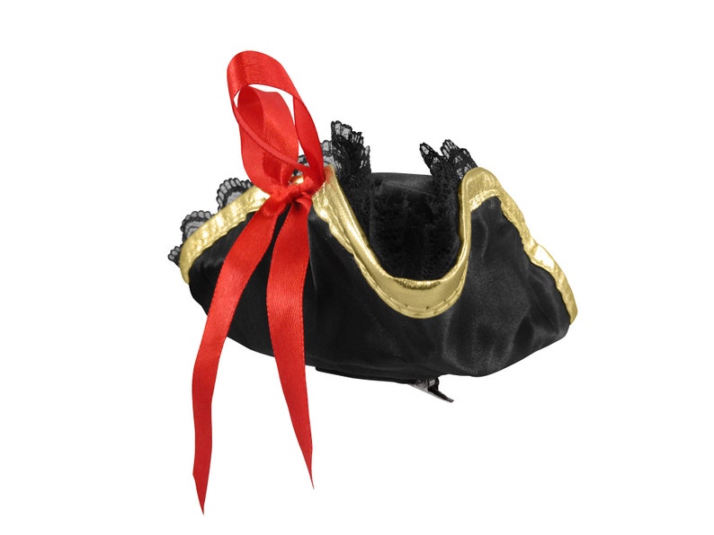 Womens Mini Pirate Buccaneer Tri-Corner Tricorner Hat Cap Alligator Hair Clip Fascinator Halloween Cosplay Theater Red Bow Black Lace