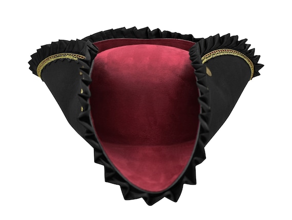 Adult Black Tricorn Hat White Faux Feathers Brim Tri-Corner Pirate  Accessory