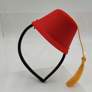 Womens Girls Pet Dog Cat Adult Child Mini Red Fez Hat On A Headband Gold Tassel Shriner Turkish Moroccan Costume Accessory Fascinator