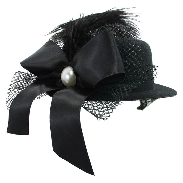 Womens Girls Ringmaster Black Mini Top Hat Fascinator On Hair Clips Feather Pearl Stud Bow Dancers Showgirl Victorian Steampunk Costume Cap
