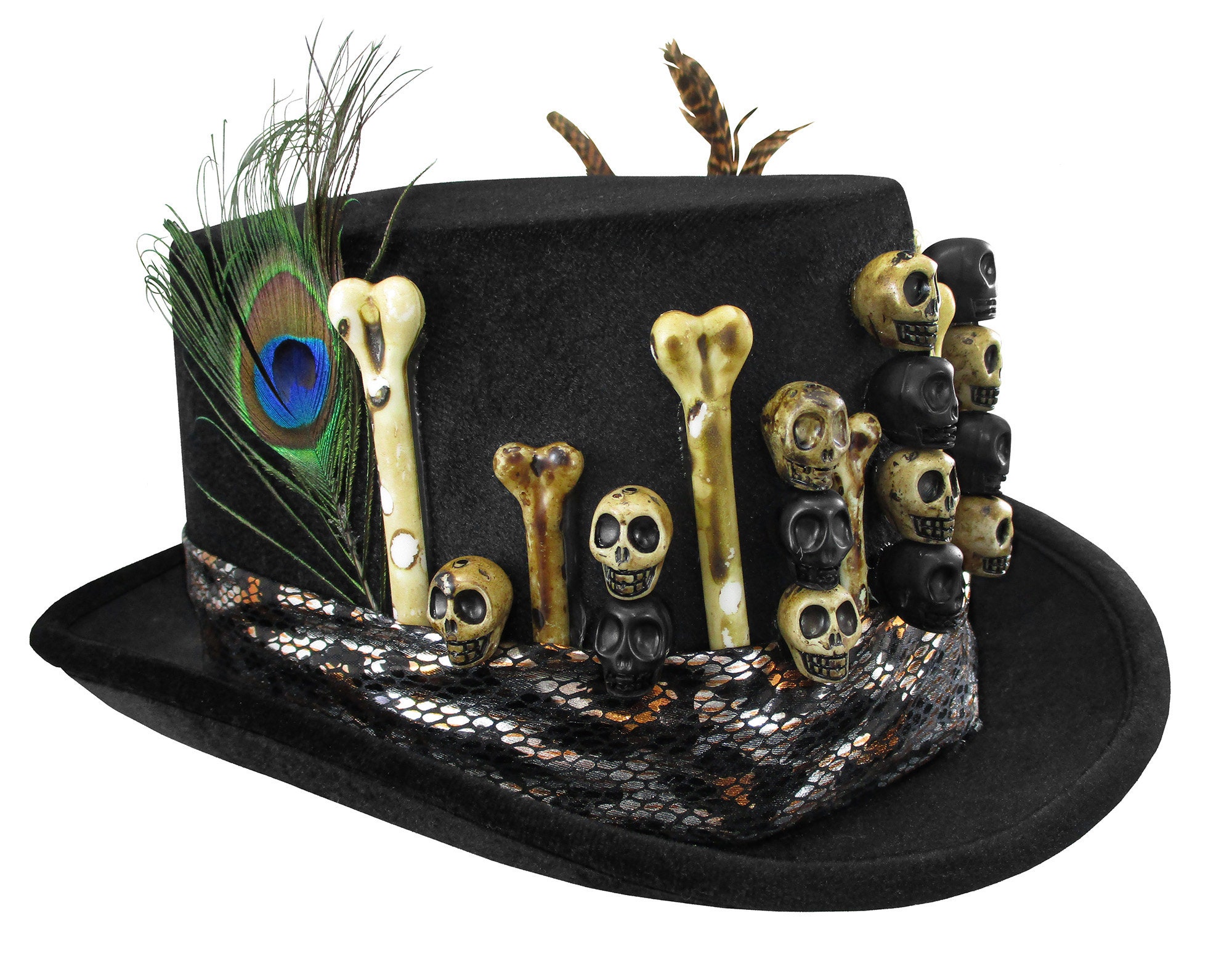 Voodoo King Top Hat Skull Bones Feather 