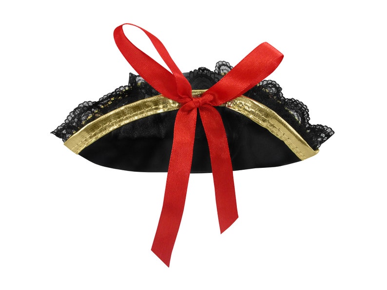 Womens Mini Pirate Buccaneer Tri-Corner Tricorner Hat Cap Alligator Hair Clip Fascinator Halloween Cosplay Theater Red Bow Black Lace